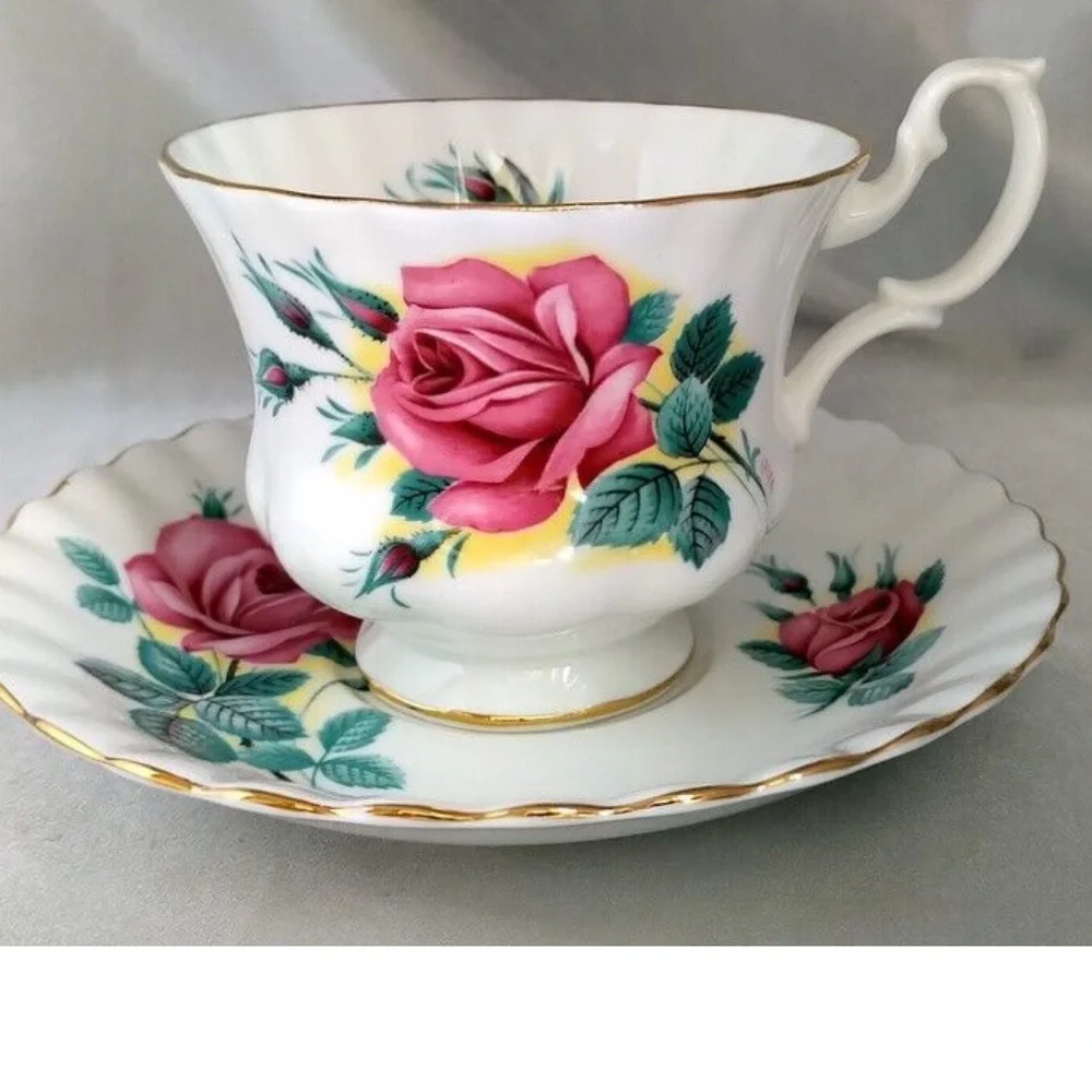 Royal Albert Elegant White Bone China teacup, and saucer pink rose vintage